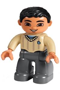 Duplo Male - Male Duplo figure with dark bluish gray legs, tan sweater, black hair, and brown eyes - 47394pb210