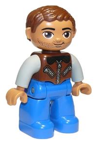 Duplo Male - Male Duplo figure with blue legs, reddish brown jacket with zippers, tan arms, reddish brown hair, and brown eyes - 47394pb211