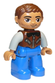 Duplo Figure Lego Ville, Male, Blue Legs, Reddish Brown Jacket with Zippers, Tan Arms, Reddish Brown Hair, Brown Eyes - 47394pb211