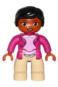 Duplo Figure Lego Ville, Female, Tan Legs, Magenta Jacket and Pink Blouse Pattern, Black Hair, Brown Eyes 47394pb214