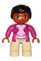 Duplo Figure Lego Ville, Female, Tan Legs, Magenta Jacket and Pink Blouse Pattern, Black Hair, Brown Eyes - 47394pb214