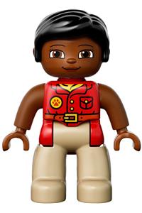 Duplo Female - Lego Ville Duplo figure: Female with tan legs, wearing a red shirt, black hair, and reddish brown arms - 47394pb215