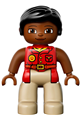 Lego Ville Duplo figure: Female with tan legs, wearing a red shirt, black hair, and reddish brown arms - 47394pb215
