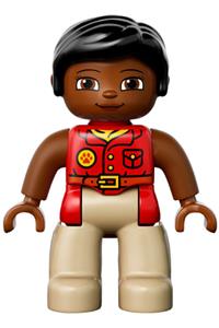 Duplo Figure Lego Ville, Female, Tan Legs, Red Shirt, Black Hair, Reddish Brown Arms, Oval Eyes 47394pb215a