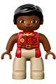 Duplo Figure Lego Ville, Female, Tan Legs, Red Shirt, Black Hair, Reddish Brown Arms, Oval Eyes - 47394pb215a