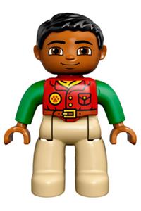Duplo Figure Lego Ville, Male, Tan Legs, Red Shirt, Black Hair, Bright Green Arms 47394pb216