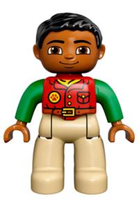 Duplo Male - Male Duplo Figure from Lego Ville with tan legs, wearing a red shirt and black hair with bright green arms - 47394pb216