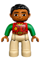 Male Duplo Figure from Lego Ville with tan legs, wearing a red shirt and black hair with bright green arms - 47394pb216
