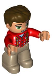 Duplo Figure Lego Ville, Male, Dark Tan Legs, Red Top with Suspenders, Dark Brown Hair 47394pb220