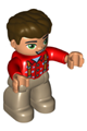 Duplo Figure Lego Ville, Male, Dark Tan Legs, Red Top with Suspenders, Dark Brown Hair - 47394pb220
