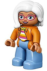 Duplo Figure Lego Ville, Female, Medium Blue Legs, Orange Jacket, Striped Sweater, White Hair 47394pb221