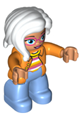 Female LEGO Ville Duplo figure with medium blue legs, wearing an orange jacket, striped sweater, and white hair - 47394pb221