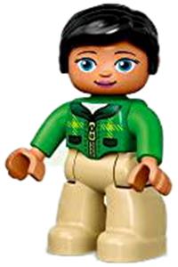 Duplo Figure Lego Ville, Female, Tan Legs, Green Jacket with Dark Green Collar, Bright Green Arms, Black Hair 47394pb222