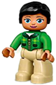 Duplo Figure Lego Ville, Female, Tan Legs, Green Jacket with Dark Green Collar, Bright Green Arms, Black Hair - 47394pb222