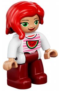 Duplo Female - Lego Ville Duplo figure, female with dark red legs, white top with pink stripes and watermelon pattern, green eyes, and red hair - 47394pb226