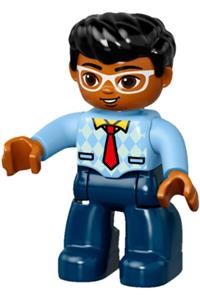 Duplo Figure Lego Ville, Male, Dark Blue Legs, Bright Light Blue Top with Medium Blue Sleeves and Tie Pattern, White Glasses, Black Hair 47394pb227