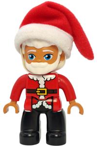 Duplo Santa - Male Duplo Figure with black legs, wearing a red top with belt and white fur trim, white hair, blue eyes, and beard - 47394pb228