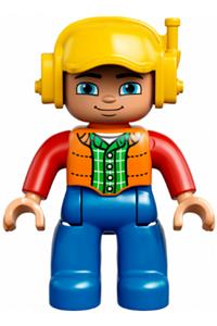 Duplo Figure Lego Ville, Male, Blue Legs, Orange Vest, Dark Green Plaid Shirt, Red Arms, Yellow Cap with Headset, Oval Eyes 47394pb231a