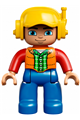 Duplo Figure Lego Ville, Male, Blue Legs, Orange Vest, Dark Green Plaid Shirt, Red Arms, Yellow Cap with Headset, Oval Eyes - 47394pb231a