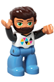 Duplo Figure Lego Ville, Male, Medium Blue Legs, White Top with Triangles, Black Arms, Reddish Brown Hair, Beard - 47394pb233