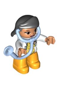 Duplo Female Medic - Female Duplo minifigure in a medic attire with bright light orange legs, white top with ID badge, white arms, black hair, and attached stethoscope - 47394pb234