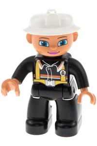 Duplo Female Firefighter - Female Duplo firefighter with black legs, nougat hands, white helmet, and blue eyes - 47394pb238