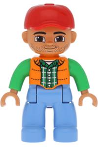 Duplo Figure Lego Ville, Male, Medium Blue Legs, Orange Vest, Dark Green Plaid Shirt, Bright Green Arms, Red Cap, Round Eyes 47394pb244