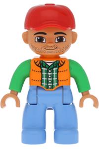 Duplo Male - Duplo Ville figure with medium blue legs, wearing an orange vest, dark green plaid shirt, bright green arms, and a red cap - 47394pb244
