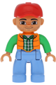 Duplo Figure Lego Ville, Male, Medium Blue Legs, Orange Vest, Dark Green Plaid Shirt, Bright Green Arms, Red Cap, Round Eyes - 47394pb244