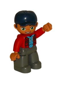 Duplo Figure Lego Ville, Male, Dark Bluish Gray Legs, Red Jacket, Medium Azure Shirt, Dark Blue Cap 47394pb245