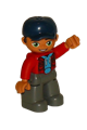 Duplo Figure Lego Ville, Male, Dark Bluish Gray Legs, Red Jacket, Medium Azure Shirt, Dark Blue Cap - 47394pb245