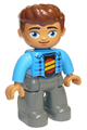 Duplo Figure Lego Ville, Male, Dark Bluish Gray Legs, Dark Azure Jacket, Black Shirt, Reddish Brown Hair - 47394pb246