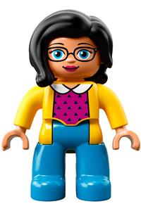 Duplo Female - Female Duplo figure from Lego Ville with medium azure legs, wearing a yellow jacket and magenta top with black hair - 47394pb248