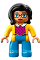 Duplo Figure Lego Ville, Female, Medium Azure Legs, Yellow Jacket, Magenta Top, Black Hair - 47394pb248