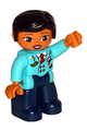 Duplo Figure Lego Ville, Female Pilot, Dark Blue Legs, Medium Azure Top with Red Tie, Black Hair - 47394pb249