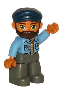 Duplo Male - Male Duplo figure from Lego Ville with dark bluish gray legs, medium blue shirt, dark blue cap, and a beard - 47394pb250
