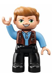 Duplo Male - Male Duplo Figure in Lego Ville, wearing medium blue shirt over reddish brown vest, with dark tan hair and black legs - 47394pb251
