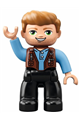 Male Duplo Figure in Lego Ville, wearing medium blue shirt over reddish brown vest, with dark tan hair and black legs - 47394pb251
