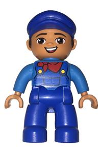 Duplo Figure Lego Ville, Male, Blue Legs, Dark Azure Shirt with Blue Overalls and Red Neckerchief Pattern, Blue Cap 47394pb252