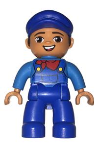 Duplo Male - Male LEGO Ville Duplo figure with blue legs, wearing a dark azure shirt with blue overalls, red neckerchief pattern, and a blue cap - 47394pb252