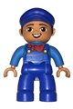 Duplo Figure Lego Ville, Male, Blue Legs, Dark Azure Shirt with Blue Overalls and Red Neckerchief Pattern, Blue Cap - 47394pb252