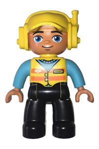 Duplo Figure Lego Ville, Male, Black Legs, Medium Azure Blue Shirt, Yellow Safety Vest with Train Logo and Yellow Cap with Headset 47394pb253