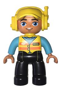 Duplo Male - Male Duplo figure in a medium azure blue shirt with black legs, wearing a yellow safety vest with train logo and a yellow cap with headset - 47394pb253