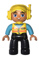 Duplo Figure Lego Ville, Male, Black Legs, Medium Azure Blue Shirt, Yellow Safety Vest with Train Logo and Yellow Cap with Headset - 47394pb253
