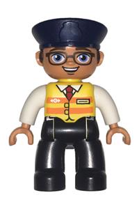 Duplo Figure Lego Ville, Male, Black Legs, White Shirt, Yellow Safety Vest with Train Logo, Dark Blue Hat, Brown Hair and Glasses 47394pb254