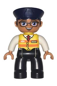 Duplo Male - Duplo Figure from Lego Ville, male with black legs, white shirt, yellow safety vest with train logo, dark blue hat, brown hair, and glasses - 47394pb254