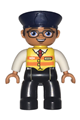 Duplo Figure Lego Ville, Male, Black Legs, White Shirt, Yellow Safety Vest with Train Logo, Dark Blue Hat, Brown Hair and Glasses - 47394pb254
