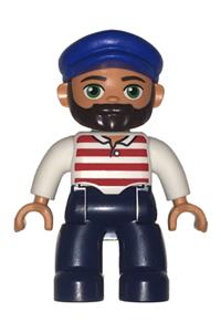 Duplo Male - Duplo Ville male figure with dark blue legs, white shirt with red stripes, blue cap, and beard - 47394pb255