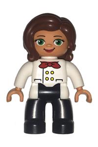 Duplo Female - Duplo figure in Lego Ville theme, female with black legs, white chef's top, red scarf, and reddish brown hair - 47394pb256