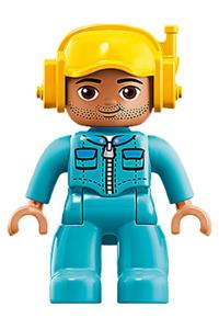 Duplo Figure Lego Ville, Male, Medium Azure Legs, Medium Azure Jacket with Zipper and Pockets, Yellow Cap with Headset 47394pb260